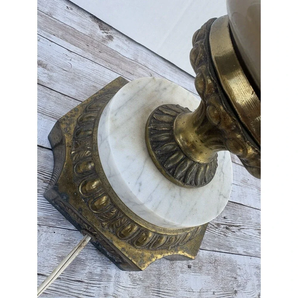 VTG MCM Hollywood Regency Brass Cherub Lamp Iridescent Glass Marble Base Tall